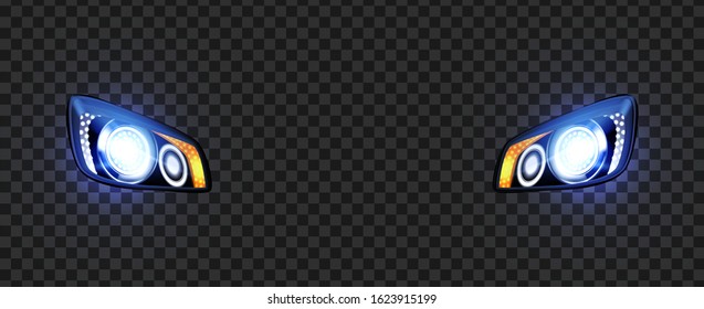 Car Headlight Glowing Blue Xenon Lamps Vector. Front Automobile Headlight With Oval Main Light Frame And Yellow Turn Signal. Luxury Design Exterior Headlamp Concept Layout Realistic 3d Illustration