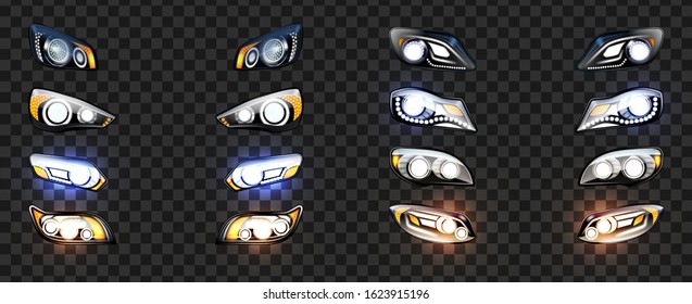 Car Headlight With Glowing Light Effect Set Vector. Collection Of Different Modern Front Automobile Headlight, Exterior Detail. Stylish Design Lamp Equipment Realistic 3d Illustrations