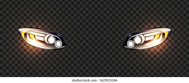 Car Headlight Glowing Tool Modern Style Vector. Front Led Automobile Headlight With Yellow Turn Signal, Exterior Detail. Elegance Design Lamp Equipment Concept Mockup Realistic 3d Illustration