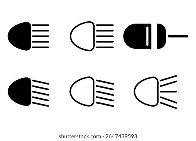 Car headlight icon set with light emission symbol, vehicle front light design, automotive illustration icon