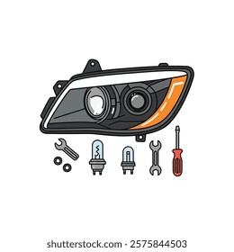 Car Headlight repair with headlight assembly and tools on a white background