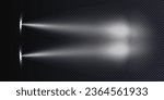 Car headlight top view concept isolated on a dark, transparent background. White flares of car lights have a realistic effect on a nighttime road top view vector illustration.