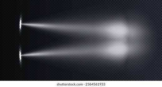 Car headlight top view concept isolated on a dark, transparent background. White flares of car lights have a realistic effect on a nighttime road top view vector illustration.