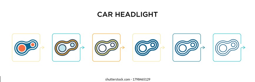 Car headlight vector icon in 6 different modern styles. Black, two colored car headlight icons designed in filled, outline, line and stroke style. Vector illustration can be used for web, mobile, ui