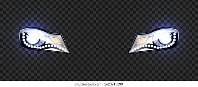 Car Headlight Xenon And Led Type Lamps Vector. Front Transport Luminance Headlight For Irradiation Night Way. Safe Ride Electronic Tool. Floodlighting Element Concept Layout Realistic 3d Illustration