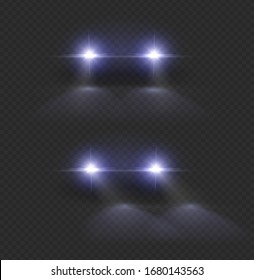 Car headlights. Auto light, bright front lighting headed. Front lamps in dark. Realistic led flare effect vector illustration