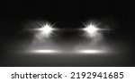 Car headlights, automobile front view light overlay effect. Glowing headlamps, vehicle lamps and smoke, transport at night isolated on transparent background, Realistic 3d vector illustration