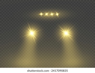 Luces delanteras del coche, efecto de superposición de la luz de la vista frontal del automóvil. Vector redondo tren amarillo flash. Brillo auto realista. Faros brillantes, lámparas de vehículos. Luz vectora de los faros PNG.