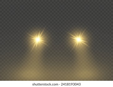 Luces delanteras del coche, efecto de superposición de la luz de la vista frontal del automóvil. Vector redondo tren amarillo flash. Brillo auto realista. Faros brillantes, lámparas de vehículos. Luz vectora de los faros PNG.