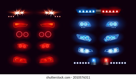 Car headlights bar, led automobile light vector illustration set. Realistic auto lights front view collection with glowing effect in night, bright red blue lamps on vehicle bumper, black background.