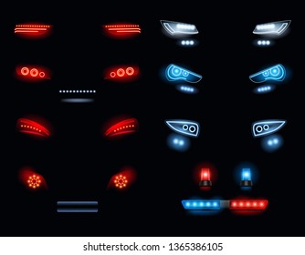 Car headlights. Dark environment with red and white automobile lights vector realistic collection. Headlight automobile, lamp realistic headlamp illustration