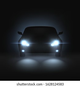 Car headlights. Realistic car with bright headlights in dark, rays light and white blur shadows, night front automobile silhouette vector mockup with blinking spotlight