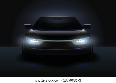 Car headlights realistic composition stylish black car with headlights shining in the dark vector illustration