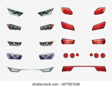 Car headlights realistic transparent icon set different type style and color of headlights vector illustration