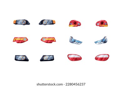 Se encendieron los faros de los coches. Luces delanteras y raras, ilustración vectorial de detalle de coches