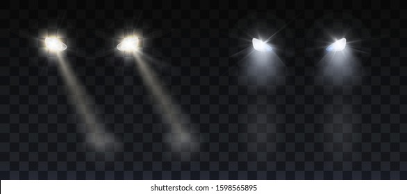 Car headlights shining on road in night. Vector realistic set of front triangle lamps flares and glow beams in darkness isolated on transparent background