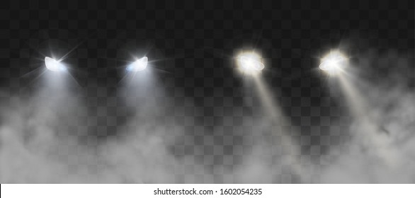 Car headlights shining on road in fog at night. Vector realistic set of front triangle lamps flares and glow beams in darkness with smoke isolated on transparent background