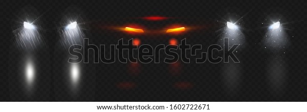 Car headlights shining in snow and rain with\
reflection on wet road at night. Vector realistic set of glowing\
white front and red back lamps flares in darkness isolated on\
transparent background