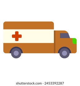 Car, headlights, tires, specialized equipment, warm colors, diet, cross, flat design, simple image, cartoon style. Ambulance concept. Vector line icon for business and advertising