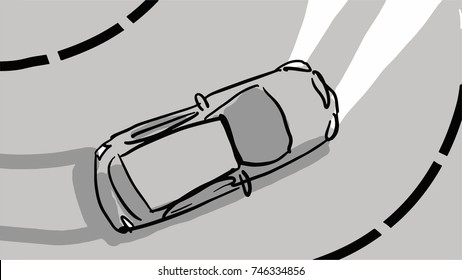 The car with headlights at the turn of the road at dusk, view from above. Black and white vector sketch. Simple drawing.