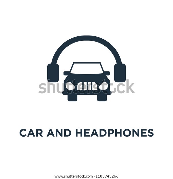 Car and headphones icon. Black filled vector\
illustration. Car and headphones symbol on white background. Can be\
used in web and mobile.