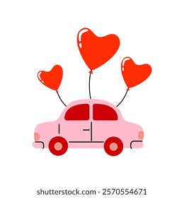 Car with heart-shaped balloons on a sunny day, symbolizing love and celebration