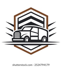 Car and heavy-duty truck line art logo icon in vector artwork design, ideal for automotive branding, transportation, and logistics industries. Perfect for commercial vehicle logos and branding.