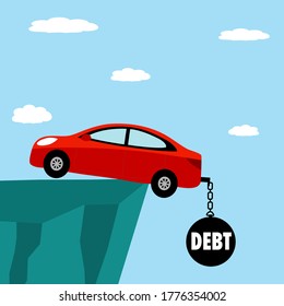 Car held on cliff by a ball and chain. Car debt concept vector illustration. Financial problem.