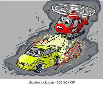 car and helicopter are chasing. They overtake each other to become winners.