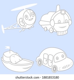 Car, helicopter, yacht, train in cartoon style for children. Vehicles for coloring pages