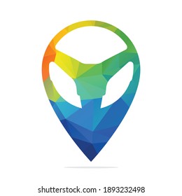 Car helm and map pointer logo combination. Steering wheel and gps locator symbol vector design.