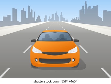 car and highway, front view, vector illustration