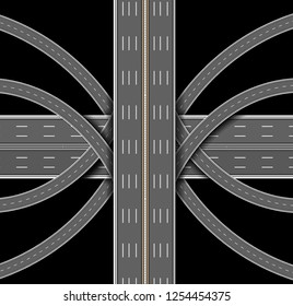 Car highway. Ring road, orbital road, beltline, beltway, loop on black background. The denouement of the many roads. Top view. Vector illustration