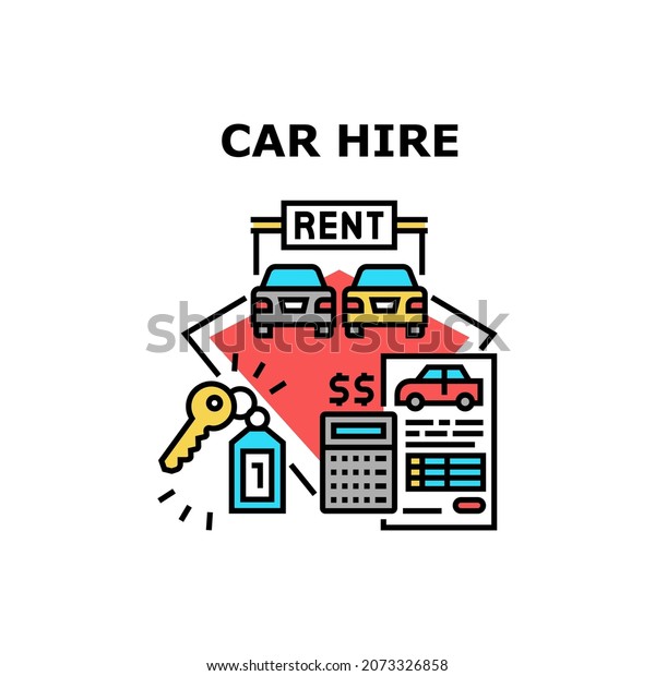 Car Hire Service Vector Icon Concept. Car
Hire Service For Renting Automobile, Agreement And Financial
Document With Calculator For Counting Income. Client Driving
Transport Color
Illustration