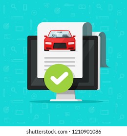 Car History Check, Vehicle Inspection Report Document Approved On Computer Vector, Good Electronic Diagnostic, Automobile Monitoring Service Passed, Flat Cartoon Auto Test With Checkmark Or Tick On Pc