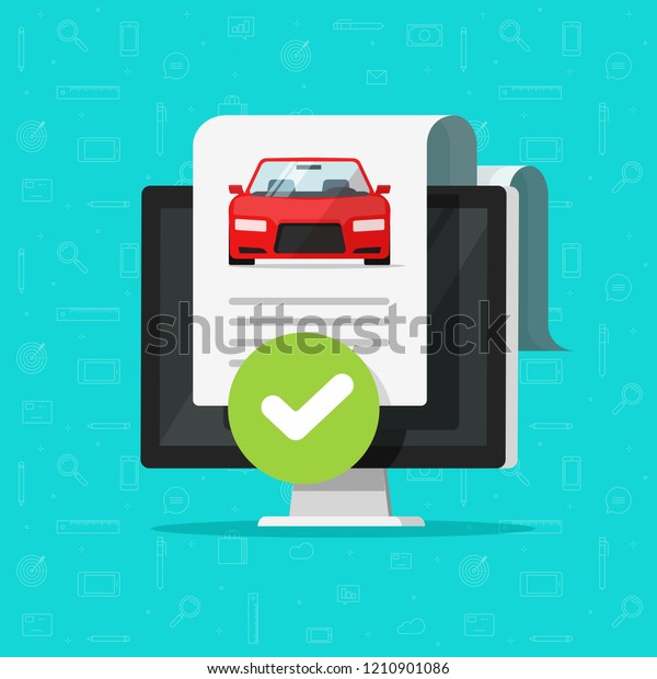 Car history check, vehicle inspection report document\
approved on computer vector, good electronic diagnostic, automobile\
monitoring service passed, flat cartoon auto test with checkmark or\
tick on pc