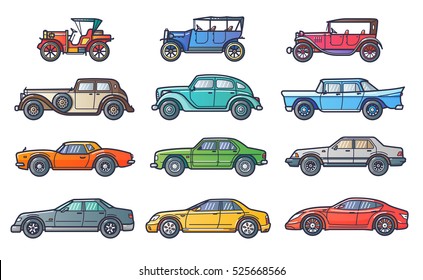 Car History Illustration In Flat Line Trendy Style. Evolution With Retro And Vintage Car. Line Art.