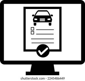 informe de historial de coches sobre fondo blanco. símbolo de comprobación en línea. signo de historial de coches. documento del informe de inspección de vehículos aprobado con el logotipo del ordenador. estilo plano.