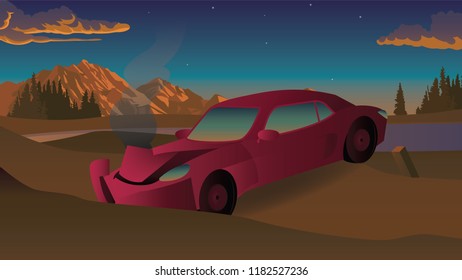 the car hit the accident, the mountains, the clouds and the sunset in the background.vector,illustration.