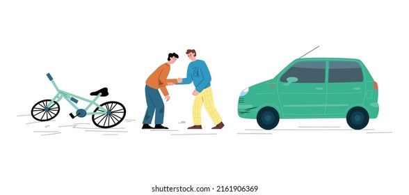 Car hit bicycle on the road, man driver helping cyclist, flat vector illustration isolated on white background. Car accident or crash concept. Cartoon character injured during car accident.