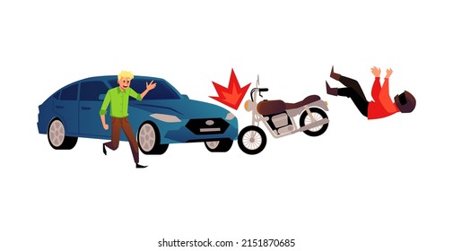 Car hit bike, driver in helmet flew off, car accident concept - flat vector illustration isolated on white background. Male driver of car collide with motorbike. Traffic collision concept.