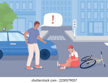 Car hit child on bicycle flat color vector illustration. Shocked male driver and crying little girl cyclist. Fully editable 2D simple cartoon characters with buildings and automobile on background