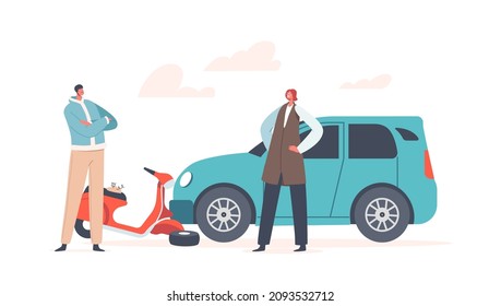 Car Hit Driver on Scooter, Accident with Automobile and Person on City Road, Health Insurance, Safety Concept. Dangerous Situation with Transport, Drunk Driver Victim. Cartoon Vector Illustration