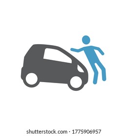 Car hit pedestrian black vector icon. Road accident glyph symbol.