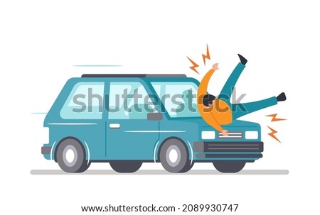 Car Hit Pedestrian on Road, Accident with Automobile and Person in City, Health Insurance, Safety on Road Concept. Dangerous Situation with Transport, Drunk Driver Victim. Cartoon Vector Illustration