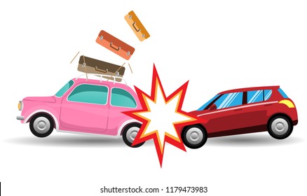 The car hit the train isolated on white background. Riders who are drunk or negligently cause serious traffic accidents. Flat design vector illustration.
