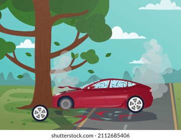 Car hit tree. Accident, driver lost control, traffic accident. Careless driving. Broken vehicle and big problems, difficulties, failures, danger on city street. Cartoon flat vector illustration