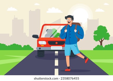 a car hits a man on the road. emergency situation. flat vector illustration.