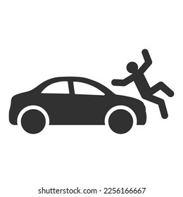 Car hits a person icon, side view. Accident. Monochrome black and white symbol