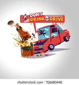 Car hitting alcohol bottles. warning text. drink don't drive concept - vector illustration